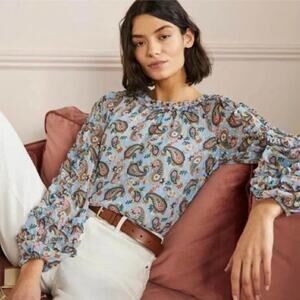 Boden Blue Multicolor Paisley Blouse Ruffle Trimmed Long Sleeve Popover Size 10